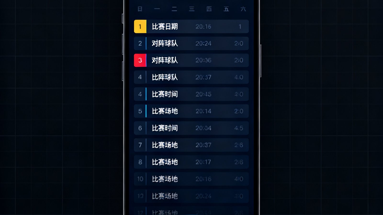 赛程日历界面展示四月英超欧冠赛程列表，背景为深色网格